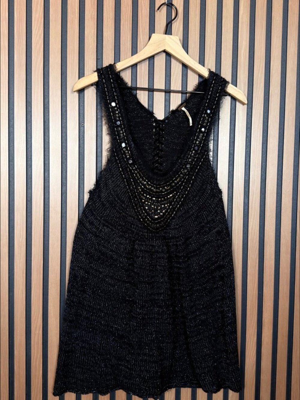 Free People Mini Dress Large Womens Black Shimmer Embellished Knit Lurex